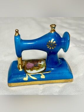 Miniature Limoges Porcelain Sewing Machine Blue and 22k Gold Scrollwork